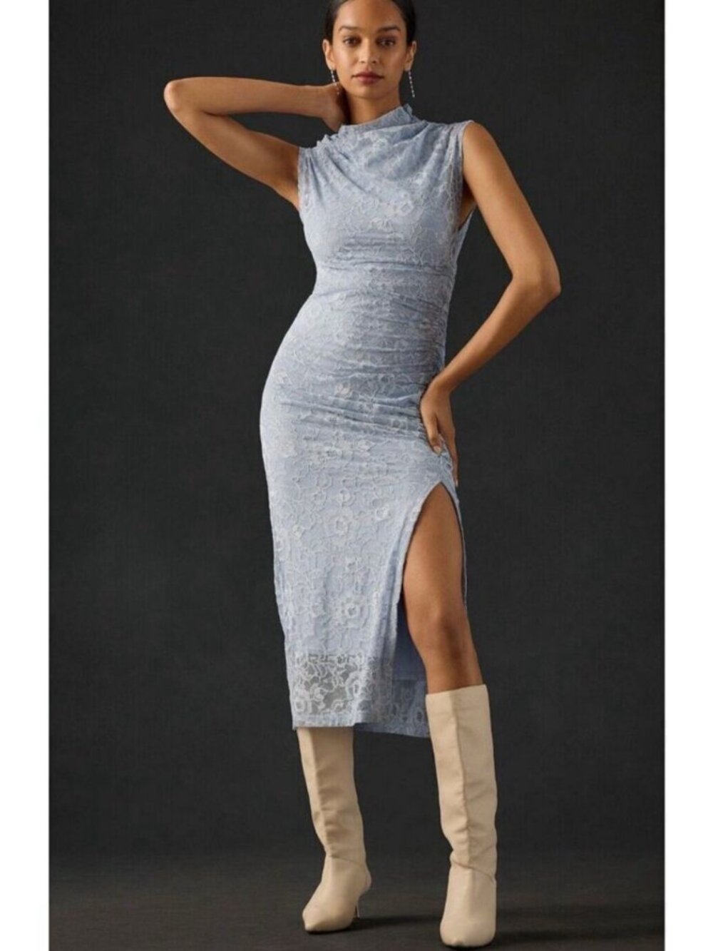 ANTHROPOLOGIE Women's NEW The Maya Ruched Cowl Neck Lace Dress "Sky" | Size XXS